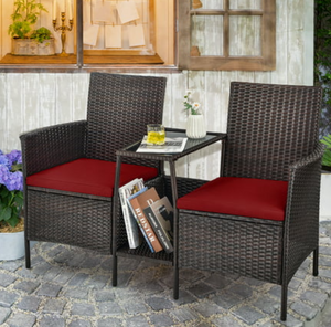 Wendy Patio Rattan Wicker Conversation Set Sofa Cushioned Loveseat Glass Table, Fully Assembled