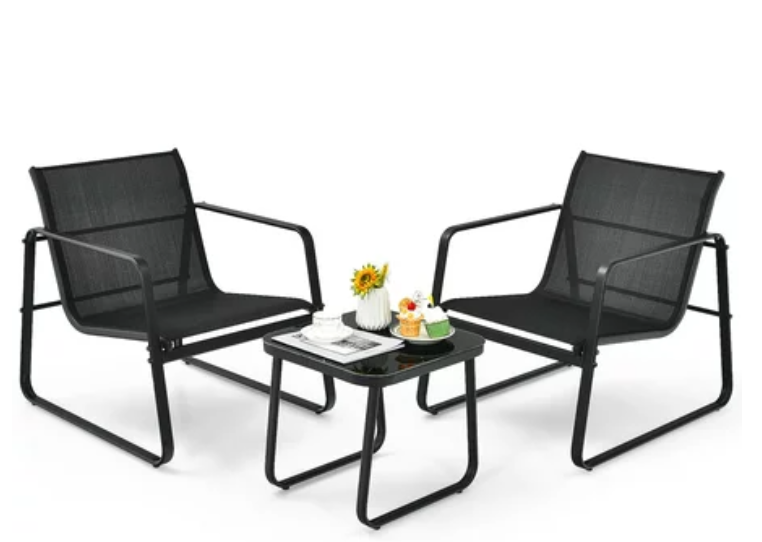 3PCS Patio Bistro Furniture Set Glass Top, assembled