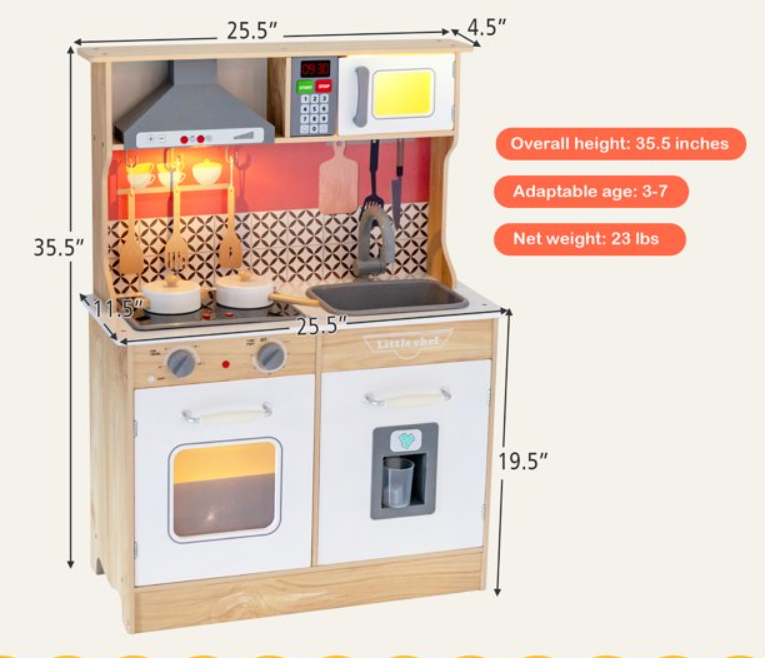 Wooden Kitchen Playset Multi-Functional Pretend Cooking Set w/ Lights & Sounds, 1 Box, unassembled