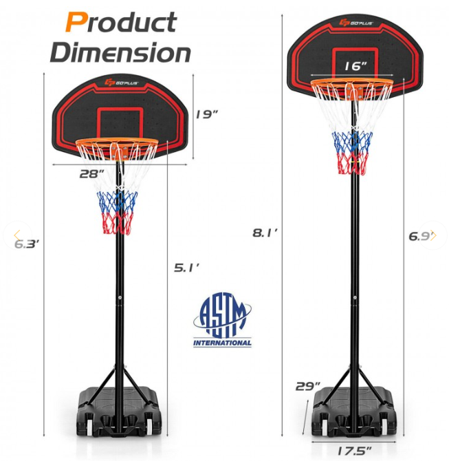 Adjustable Kids' Basketball Hoop Stand with Durable Net and Wheel, 1 box, unassembled