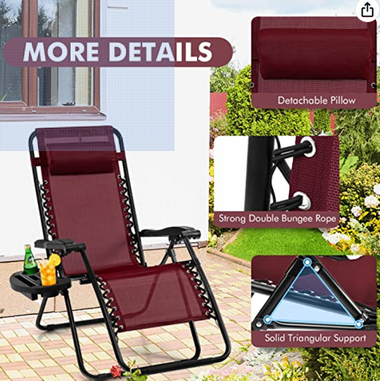 Zero Gravity Lounge Chair with Cup Holder & Removable Pillow