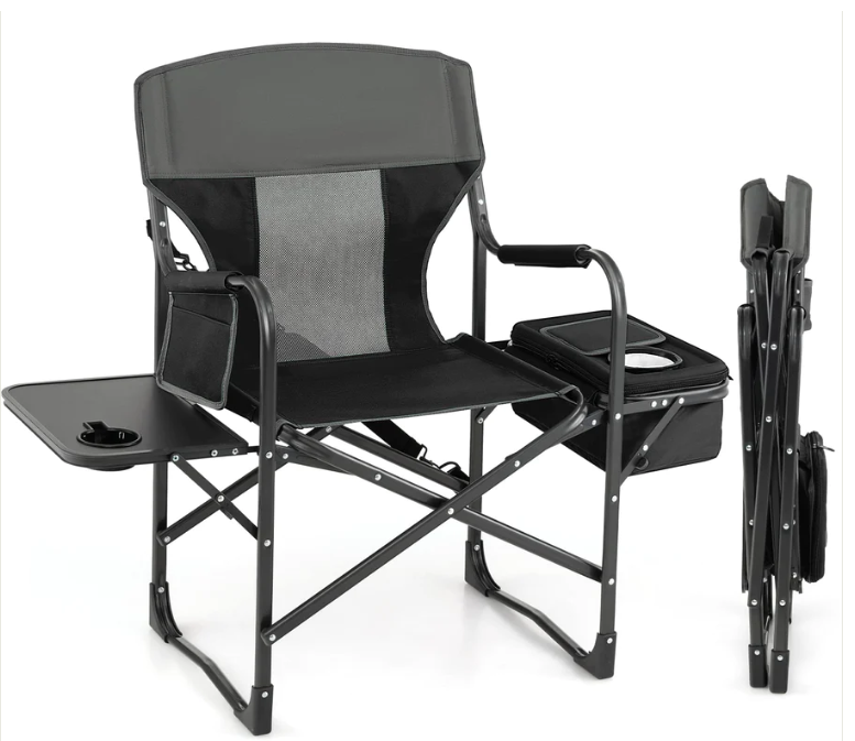 Folding Camping Directors Chair Portable w/ Cooler Bag & Side Table Black