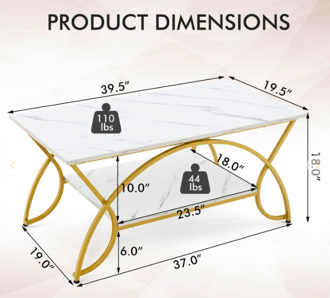 2-Tier Faux Marble Coffee Table with Marble Top and Metal Frame, Top is slightly marked