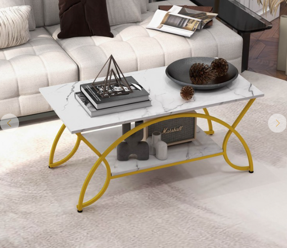 2-Tier Faux Marble Coffee Table with Marble Top and Metal Frame