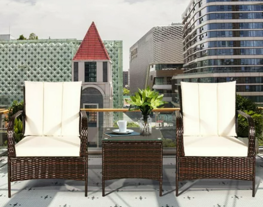 3 PCS Patio Wicker Rattan Furniture Set Coffee Table & 2 Rattan Chair W/Cushions, Fully Assembled