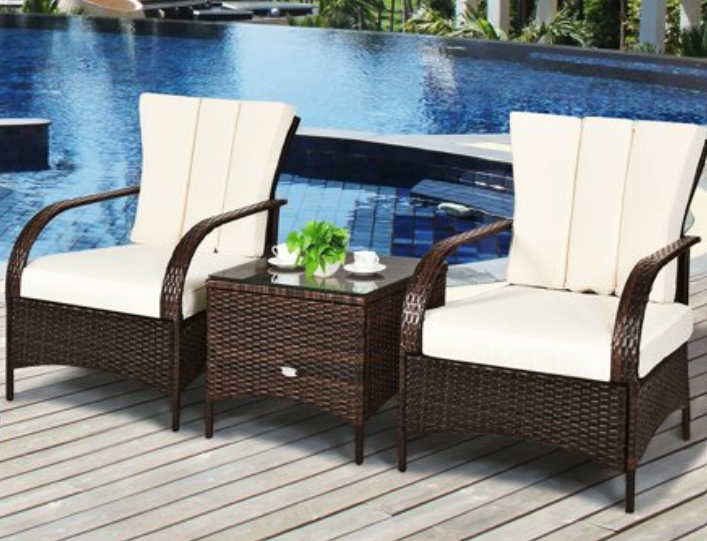 3 PCS Patio Wicker Rattan Furniture Set Coffee Table & 2 Rattan Chair W/Cushions, Fully Assembled