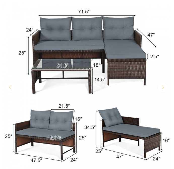 The Carleton 3 Piece Outdoor Patio Corner Rattan Sofa Set *FULLY ASSEMBLED*