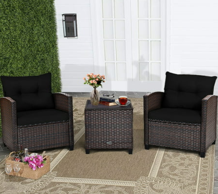 3PCS Patio Rattan Furniture Set Cushion Conversation Set Sofa Coffee Table Black, FULLY ASSEMBLED