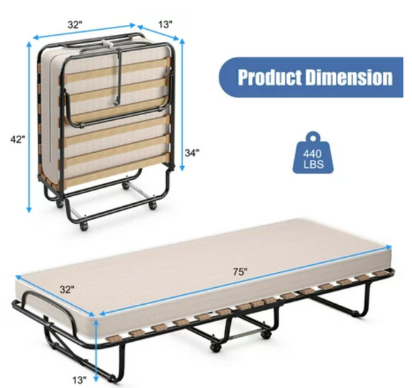 Folding Bed Adjustable Guest Single Bed, Portable, 32`` x 75``, 4`` memory foam mattress