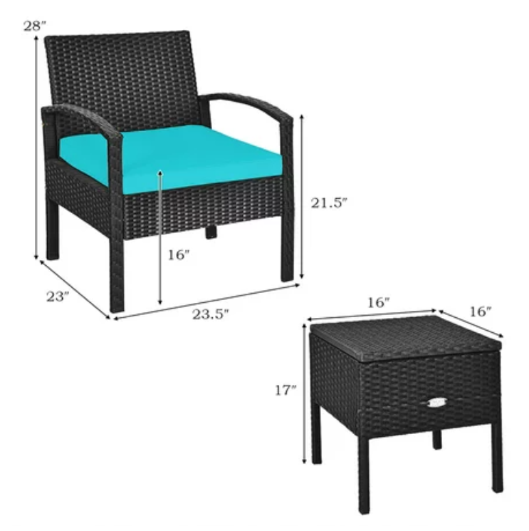 3PCS Patio Rattan Furniture Set, Assembled,