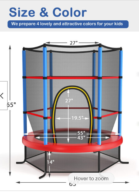 55" Trampoline Kids Toddler Trampoline w/ All-round Safety Enclosure Net Blue, 1 box unassembled