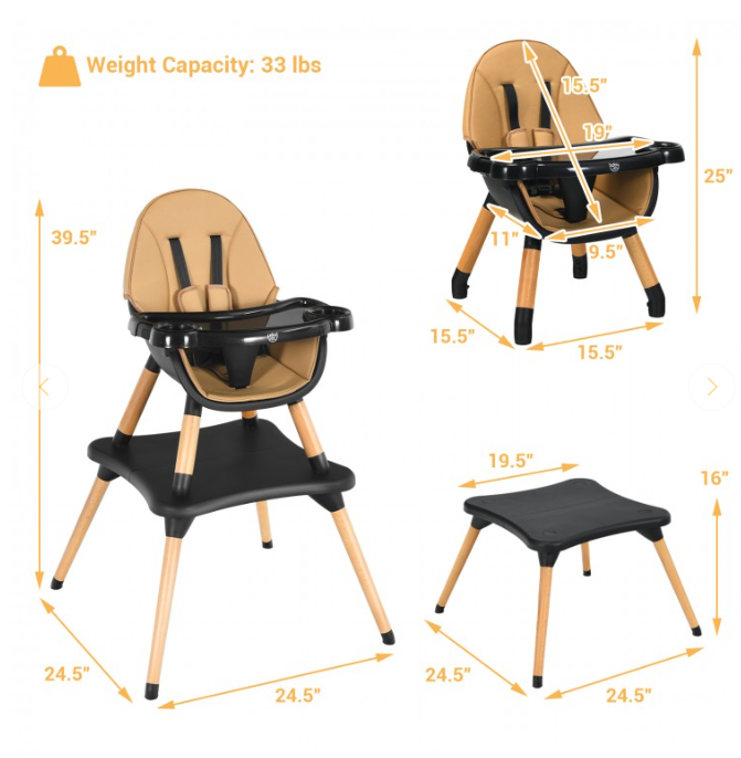 5-in-1 Baby Convertible Wooden High Chair with Detachable Tray, FULLY ASSEMBLED