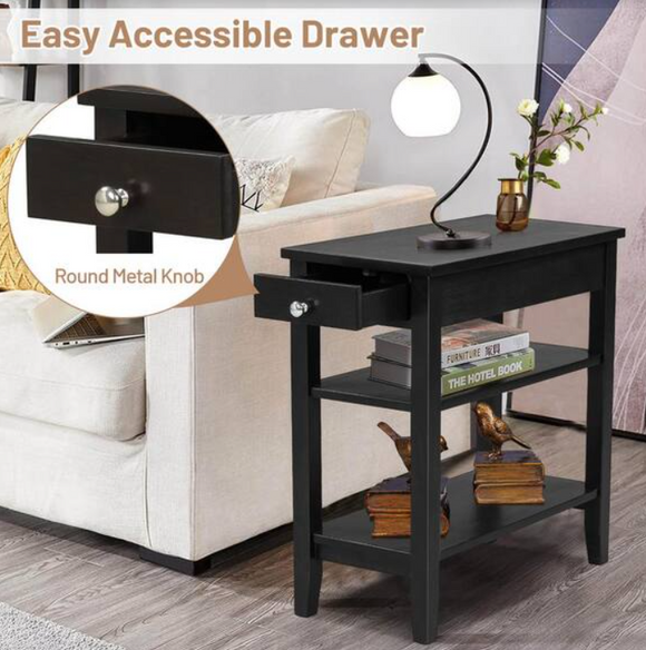 Wood End Table with Drawer Double Shelf, Fully Assembled, Black, small imperfection