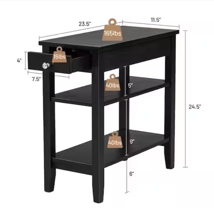 Wood End Table with Drawer Double Shelf, Fully Assembled, Black, small imperfection