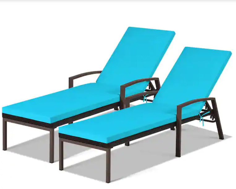 2 PC SET, Adjustable Height Rattan Chaise Recliner Patio Lounge Chair with Turquoise Cushions