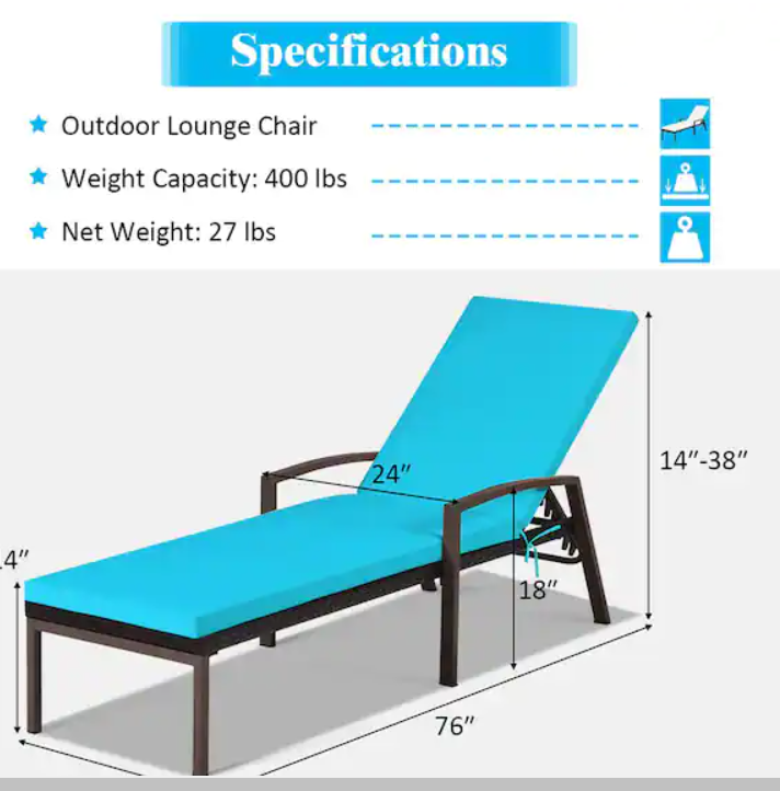 2 PC SET, Adjustable Height Rattan Chaise Recliner with Turquoise Cushions, SMALL SCRATCH & DENT