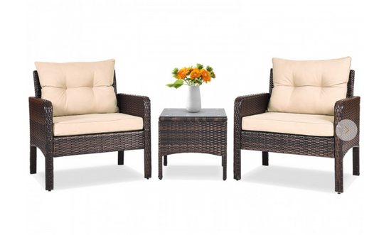 3-Pieces Wicker Patio Conversation Set with Beige Cushions, Fully Assembled