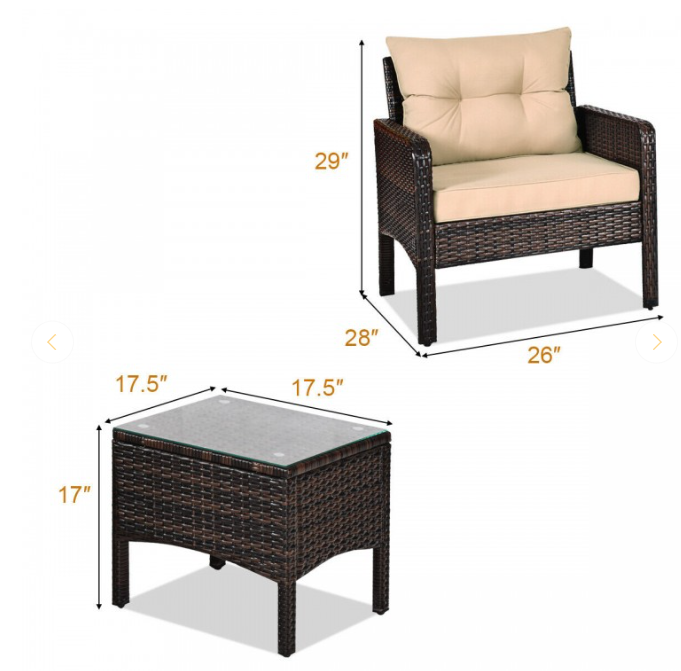 3-Pieces Wicker Patio Conversation Set with Beige Cushions, Fully Assembled