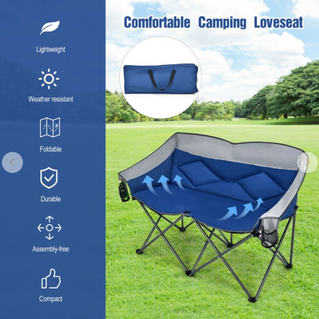 Folding Camping Chair with Bags and Padded Backrest, blue, grey