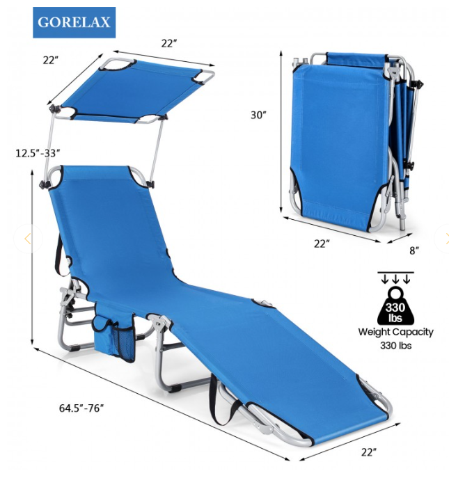 5-Position Adjustable Outdoor Recliner Chair with Canopy Shade