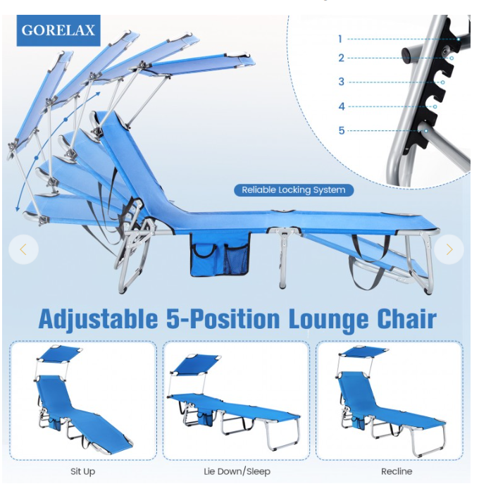 5-Position Adjustable Outdoor Recliner Chair with Canopy Shade