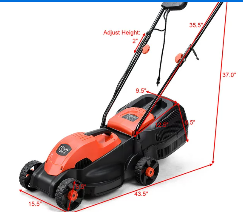 12 Amp 14-Inch Electric Push Lawn Corded Mower With Grass Bag Red, assembled