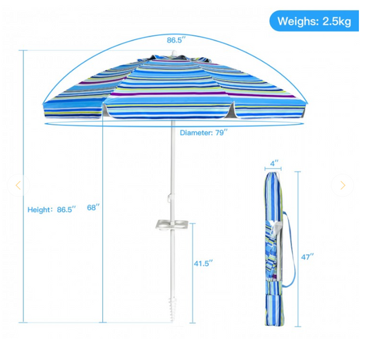 7.2 Feet Portable Outdoor Beach Umbrella with Sand Anchor and Tilt Mechanism