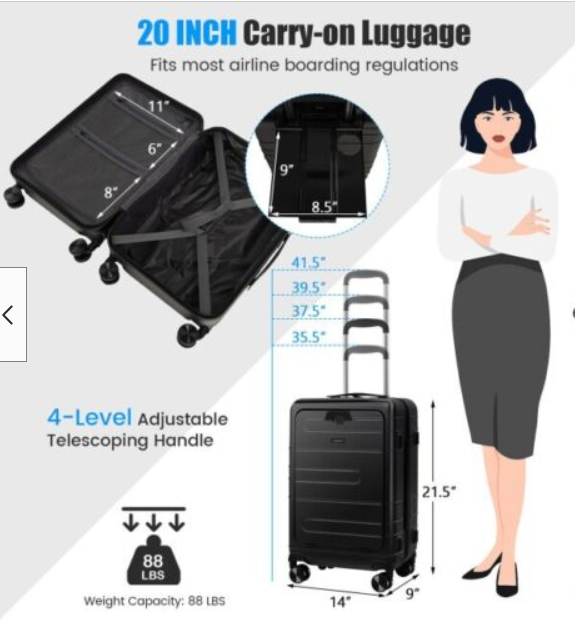 20" Carry-on Luggage PC Hardside Suitcase TSA Lock W/ Front Pocket & USB Port, scratch & dent