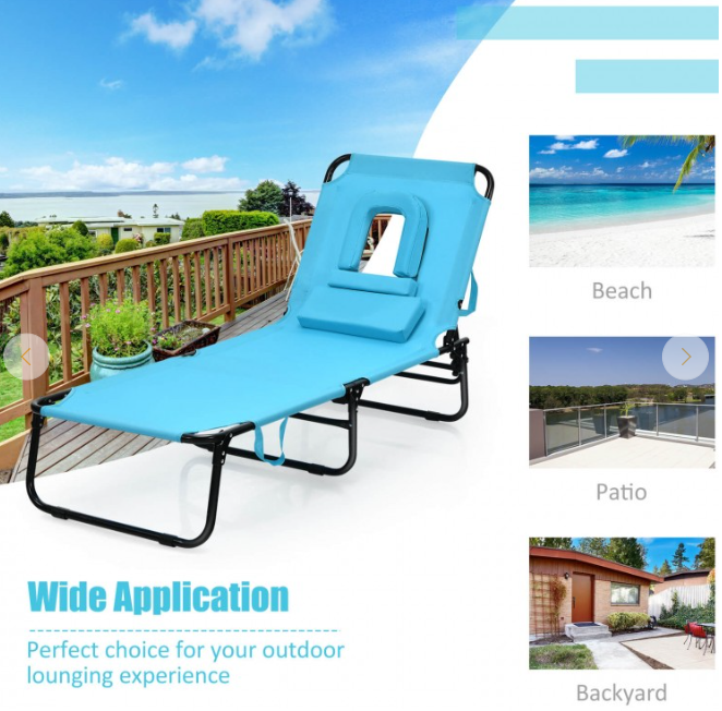 Outdoor Folding Chaise Lounger with Hand Rope and Detachable Pillow, turquoise