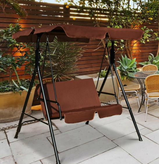 2 Person Weather Resistant Canopy Swing for Porch Garden Backyard Lawn, brown, 1 Box, unassembled