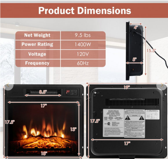 18/23 Inch Electric Fireplace Inserted with Adjustable LED Flame and remote