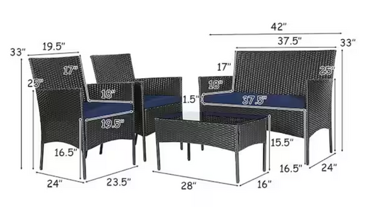 4 Piece Wicker Patio Set, fully assembled, toss cushions not included