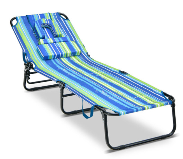 Beach Chaise Lounge Chair With Face Hole And Removable Pillow-Blue & Green