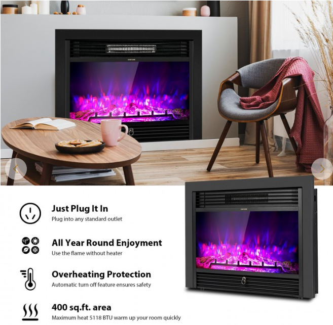 28.5 Inch Electric Fireplace Recessed with 3 Flame Colors and remote