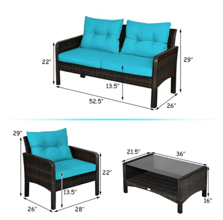 Patiojoy 4PCS Patio Rattan Furniture Set W/Turquoise Cushion, fully assembled