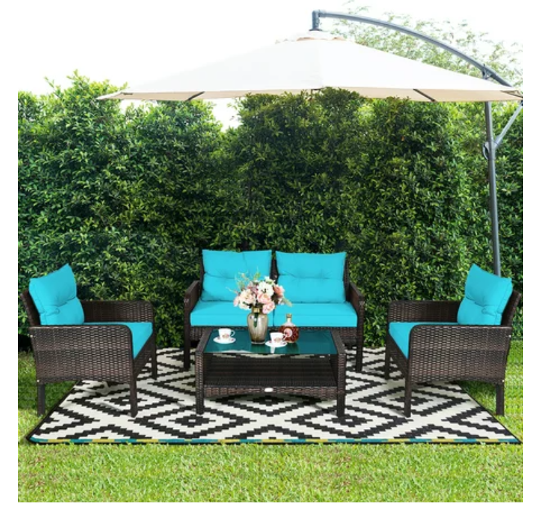 Patiojoy 4PCS Patio Rattan Furniture Set W/Turquoise Cushion, fully assembled