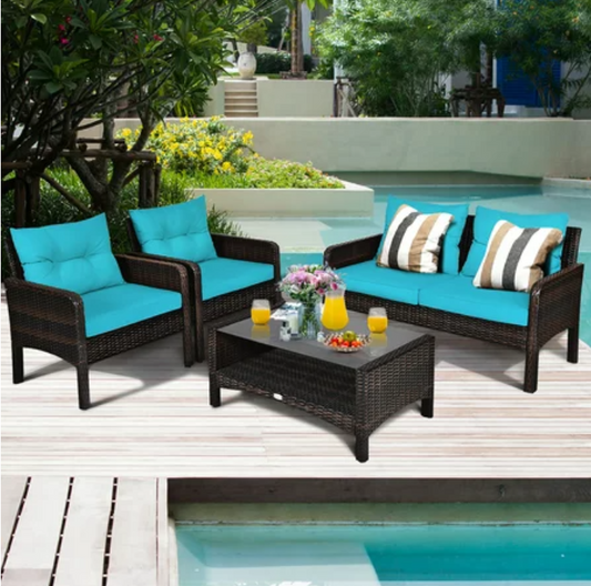 Patiojoy 4PCS Patio Rattan Furniture Set W/Turquoise Cushion, fully assembled