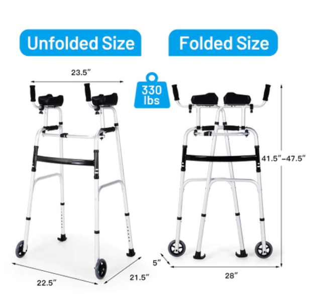SALE, Folding Height Adjustable Walking Frame with Armrest Support-Silver