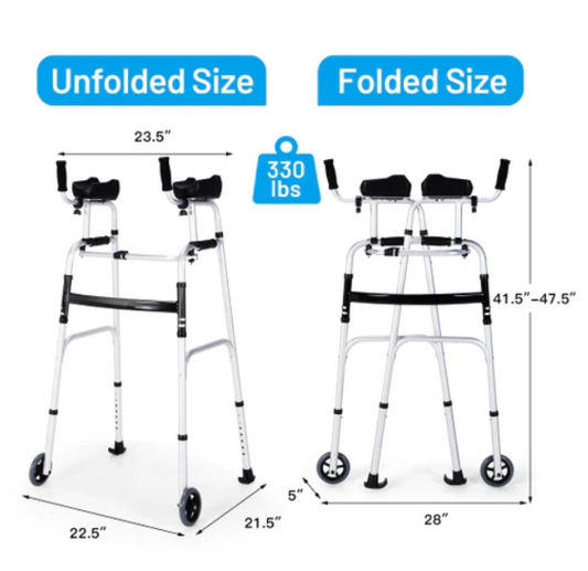 SALE, Folding Height Adjustable Walking Frame with Armrest Support-Silver