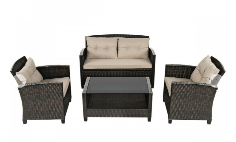 4 Pieces Outdoor Rattan Furniture Set with Glass Table, assembled, pillow not a perfect match