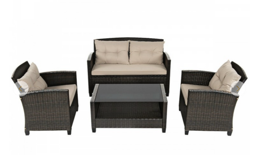 4 Pieces Outdoor Rattan Furniture Set with Glass Table, assembled, pillow not a perfect match