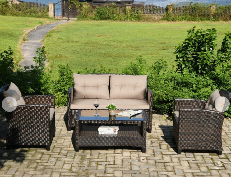 4 Pieces Outdoor Rattan Furniture Set with Glass Table, assembled, pillow not a perfect match