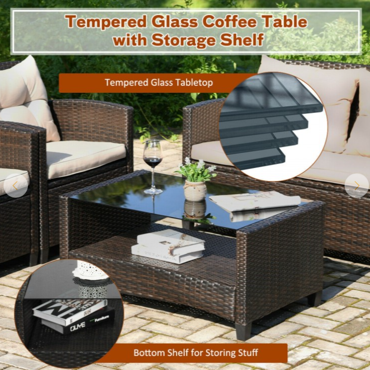 4 Pieces Outdoor Rattan Furniture Set with Glass Table, assembled, pillow not a perfect match