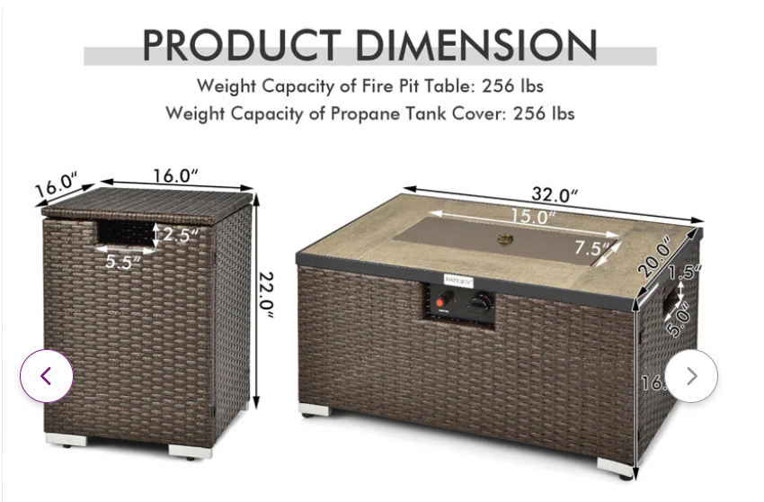 32''''x 20'''' Propane Rattan Fire Pit Table Set W/ Side Table Tank & Cover 40,000 Btu, 1 box unassembled