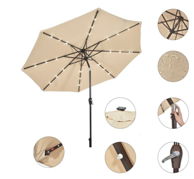 10-ft Beige Market Patio Umbrella With Push-button solar lights, base not included