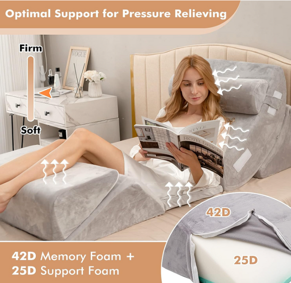 6PCS Bed Wedge  Memory Foam Cushion with Headrest & Knee/Leg Elevation, Bed Rest Back Support Pillow