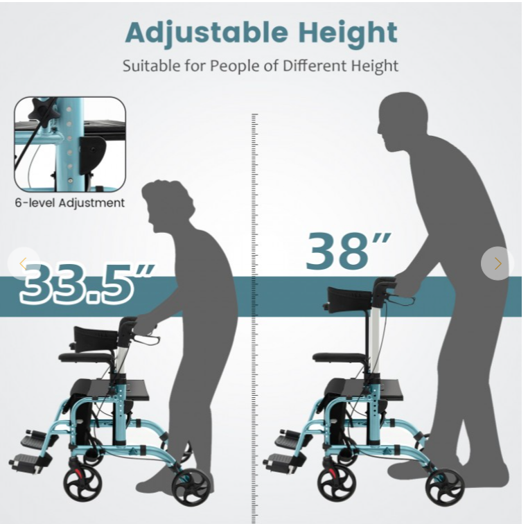 2-in-1 Folding Rollator Walker with Adjustable Handles and Reversible Backrest