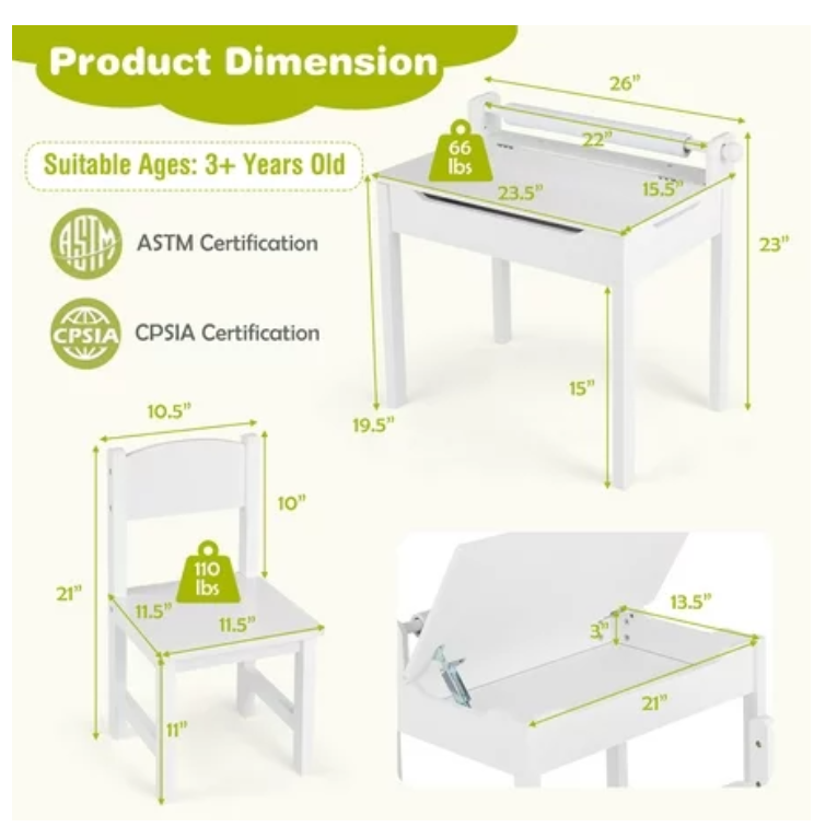 Toddler Craft Table & Chair Set Kids  with Paper Roll Holder White, fully assembled