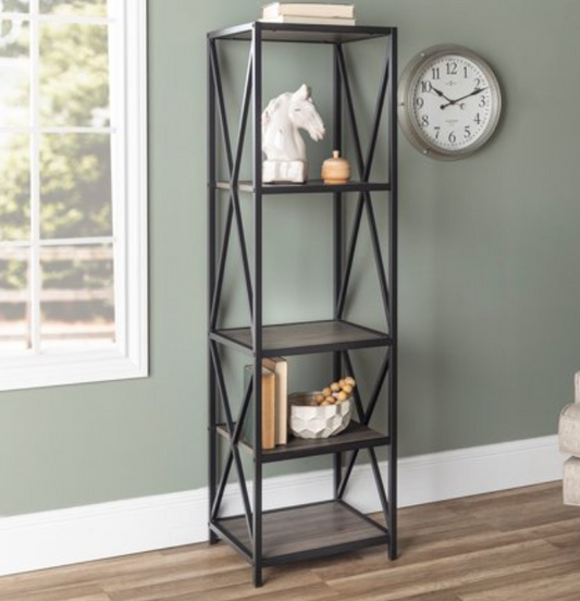 Walker Edison 61 in. Metal Wood Bookcase, Slate Grey, Fully Assembled