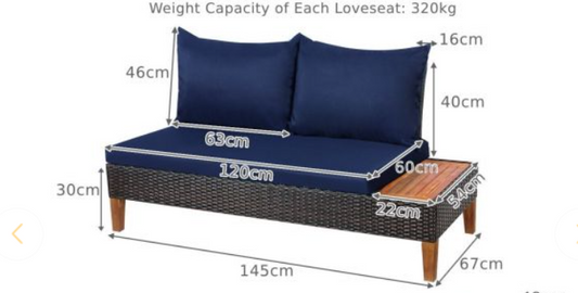 Outdoor Loveseat with built in wood side table, Special, pillows not perfect match, fully assembled